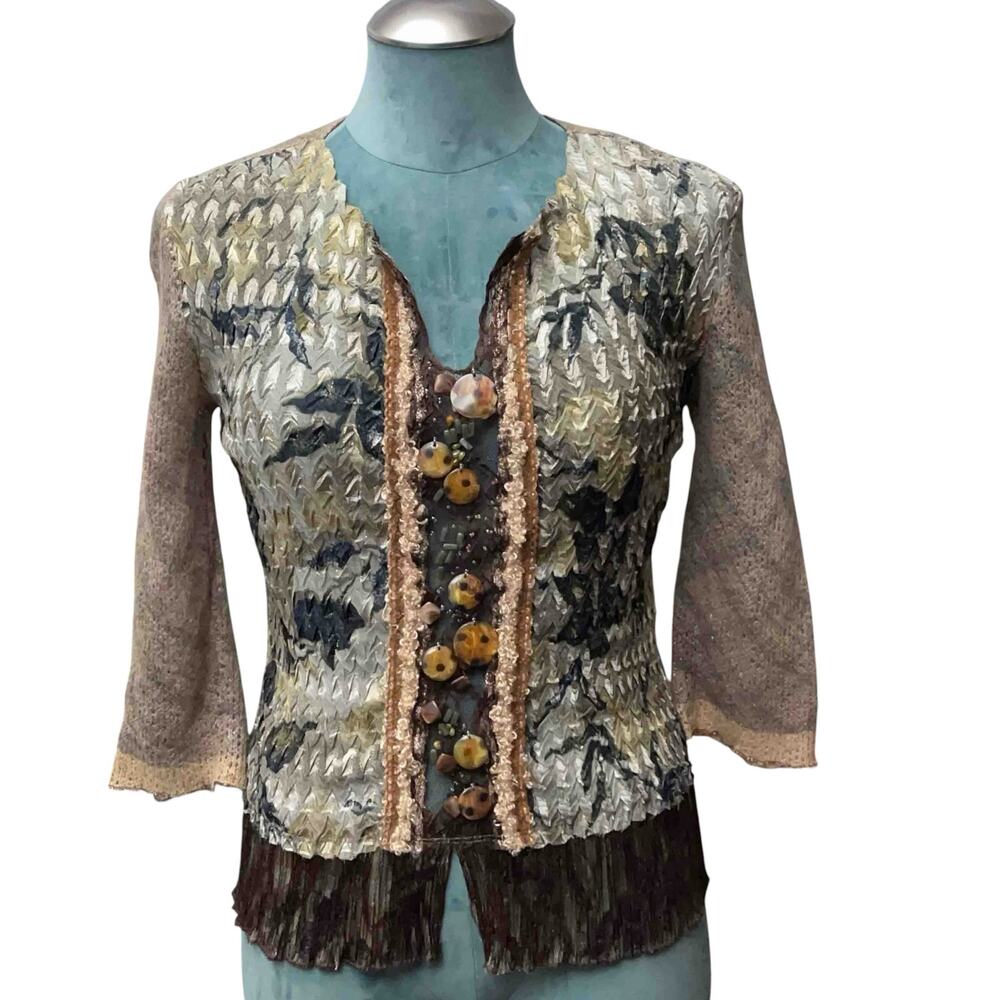 Alberto Makali Floral Boho Knit Top M Beige Y2K Indie Embroidered Festival Fairy